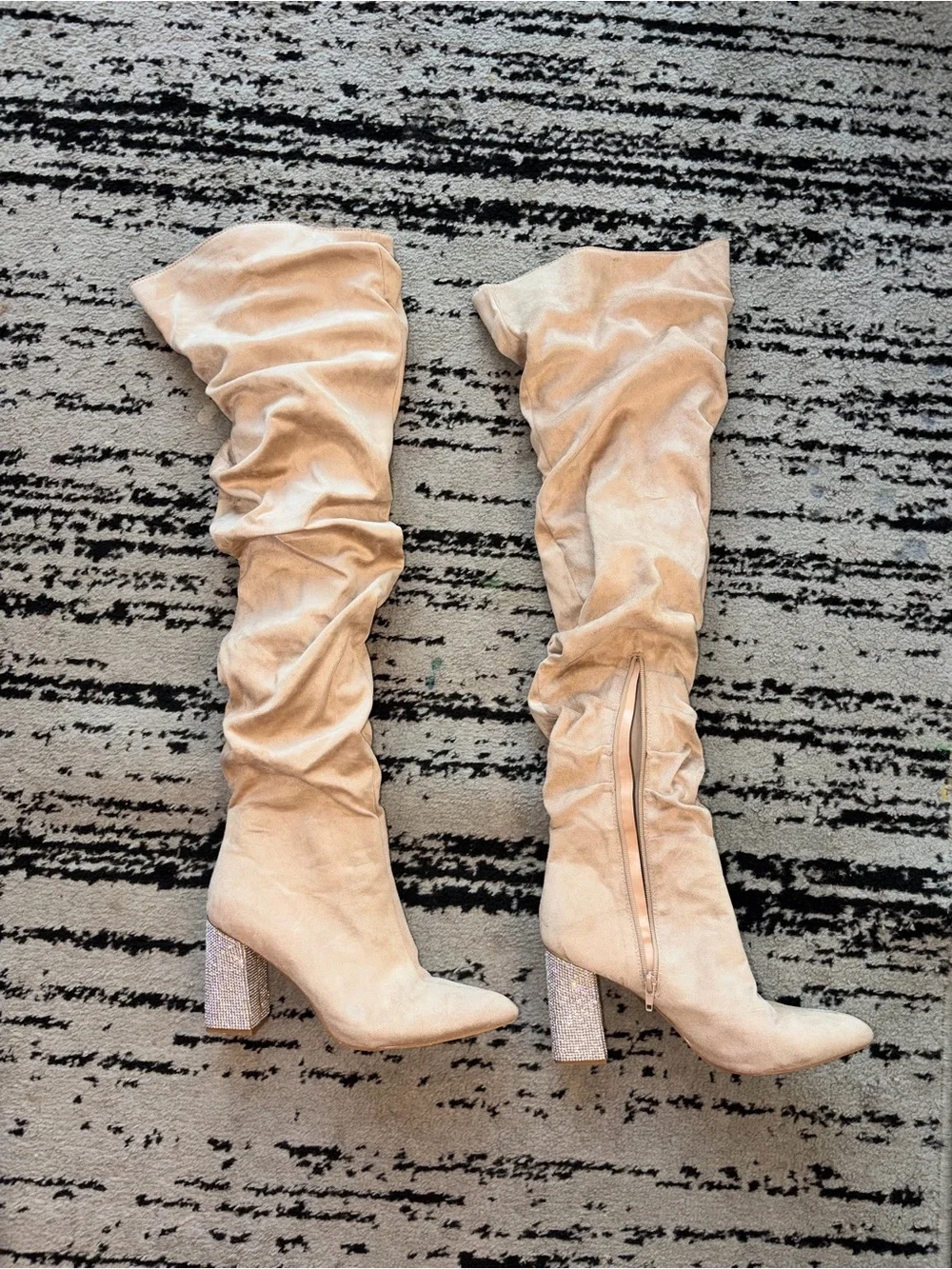 Over-the-Knee Slouchy Velvet Boots in Champagne with Sparkly Rhinestone Heel